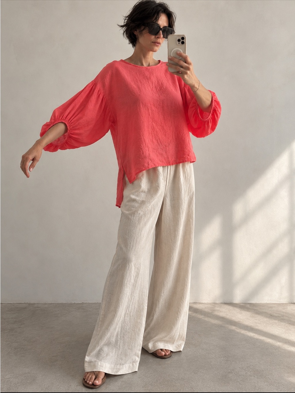 Bella Umbra Linen Blouse L Made in Italy Coral Cutout Balloon Sleeve Oversized
